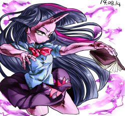 Rule 34 | 1girl, bad id, bad pixiv id, black hair, book, breasts, colored skin, cowboy shot, cropped legs, dated, forehead, hime cut, horns, long hair, magic, multicolored hair, my little pony, my little pony: equestria girls, my little pony: friendship is magic, personification, pink hair, princess twilight sparkle, purple eyes, purple hair, purple skin, school uniform, single horn, small breasts, solo, streaked hair, tetugakuzonbi, twilight sparkle, very long hair