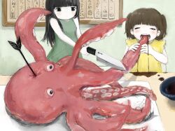 Rule 34 | 2girls, arrow (projectile), bare arms, black eyes, black hair, blunt bangs, blush, bowl, breasts, brown hair, child, closed eyes, cutting board, dress, eating, green dress, highres, holding, holding knife, indoors, ink, knife, long hair, multiple girls, octopus, open mouth, original, shirt, short hair, sleeveless, small breasts, smile, teeth, two side up, yaezome, yellow dress, yellow shirt