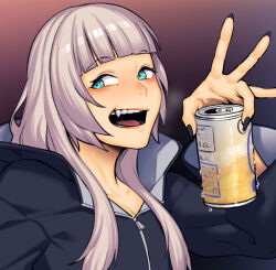 Rule 34 | 1girl, :d, alcohol, alternate hairstyle, beer, beer can, black jacket, blush, breath, can, drink can, drunk, dyun, fang, highres, holding, holding can, hood, hoodie, jacket, long sleeves, looking at viewer, nanakusa nazuna (yofukashi no uta), nose blush, open mouth, simple background, smile, solo, upper body, yofukashi no uta