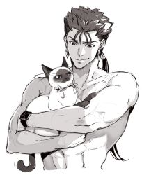 Rule 34 | 1boy, 1other, animal, animalization, archer (fate), beads, biceps, brown theme, cat, closed mouth, collarbone, cu chulainn (fate), cu chulainn (fate/stay night), earrings, emiya shirou, fate/stay night, fate (series), grin, hair beads, hair ornament, holding, holding animal, jewelry, long hair, looking at another, looking down, male focus, monochrome, muscular, ponytail, shibanui, siamese cat, simple background, sketch, smile, spiked hair, topless male, white background