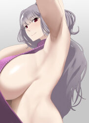 Rule 34 | 1girl, absurdres, armpit focus, armpits, arms up, breasts, closed mouth, from side, grey background, grey hair, highres, huge breasts, idolmaster, kumako (kumakonoh), light smile, long hair, looking at viewer, meme attire, presenting armpit, red eyes, shijou takane, sideboob, simple background, solo, upper body, virgin killer sweater