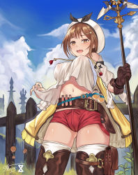 Rule 34 | 1girl, absurdres, atelier (series), atelier ryza, atelier ryza 1, belt, blue belt, blue sky, breasts, brown belt, brown eyes, brown gloves, brown hair, cloud, covered erect nipples, day, fence, flask, gloves, grass, highres, jacket, jewelry, lan xiezi, large breasts, leather, leather belt, leather gloves, midriff, navel, necklace, open mouth, pouch, red shorts, reisalin stout, round-bottom flask, short hair, short shorts, shorts, single glove, sky, sleeveless, sleeveless jacket, staff, star (symbol), star necklace, thick thighs, thigh pouch, thighs, vial, white headwear, wooden fence, yellow jacket