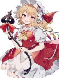 Rule 34 | 1girl, ascot, bow, buckle, buttons, commentary request, crystal, eyelashes, fang, flandre scarlet, frilled shirt collar, frilled skirt, frills, hat, hat ribbon, highres, holding, holding weapon, knees, laevatein (touhou), looking at viewer, lower teeth only, mob cap, one side up, open mouth, puffy short sleeves, puffy sleeves, red bow, red eyes, red ribbon, red skirt, red vest, ribbon, short hair, short sleeves, side ponytail, simple background, skirt, solo, sorani (kaeru0768), teeth, tongue, touhou, upper body, vest, weapon, white background, white hat, wings, wristband, yellow ascot