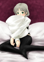 Rule 34 | 00s, 1girl, bad id, bad pixiv id, black pantyhose, crotch seam, feet, green eyes, grey hair, highres, hugging object, pantyhose, pillow, pillow hug, sanya v. litvyak, solo, strike witches, tezunuri, world witches series