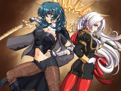Rule 34 | 2girls, ass, axe, aymr (fire emblem), black gloves, black shirt, black shorts, blue eyes, blue hair, breasts, brown background, brown pantyhose, byleth (female) (fire emblem), byleth (fire emblem), cleavage, commentary, commission, crop top, edelgard von hresvelg, fingerless gloves, fire emblem, fire emblem: three houses, gloves, high-waist shorts, highres, holding, holding axe, holding sword, holding weapon, juliet sleeves, large breasts, long hair, long sleeves, looking at viewer, midriff, multiple girls, navel, nintendo, panties, pantyhose, pantyhose under shorts, parted lips, puffy sleeves, purple eyes, red panties, shirt, short shorts, shorts, sirknightbot, stomach, sword, sword of the creator, thighs, underwear, vambraces, weapon, white hair