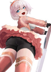 Rule 34 | 1girl, absurdres, ahoge, artist request, ass, bike shorts, black shorts, blue eyes, blush, breasts, elphelt valentine, fingerless gloves, from behind, from below, gloves, guilty gear, guilty gear strive, gun, highres, jacket, large breasts, looking at viewer, looking back, miniskirt, open mouth, short hair, short shorts, shorts, shotgun, sideboob, skirt, smile, solo, thick thighs, thighhighs, thighs, upskirt, weapon, white hair