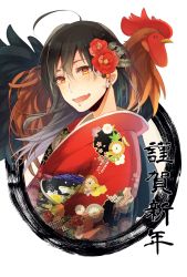 Rule 34 | 1girl, 2017, ahoge, animal, animal on shoulder, bad id, bad pixiv id, bird, bird on shoulder, black hair, chicken, chinese zodiac, earrings, female focus, flower, hair flower, hair ornament, highres, japanese clothes, jewelry, kimono, nora nagi, obi, original, plant, rooster, sash, solo, stud earrings, upper body, year of the rooster, yellow eyes