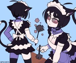 Rule 34 | 1girl, alternate costume, animal ears, artist name, bell, black-framed eyewear, black hair, black thighhighs, blush, bob cut, breasts, cat ears, cat girl, cat tail, choker, closed mouth, duster, enmaided, freckles, frown, highres, holding, holding duster, looking at viewer, maid, maid headdress, medium breasts, multiple views, neck bell, original, piesarts, pink eyes, short hair, solo, sunglasses, tail, thighhighs, twitter username, zipper pull tab