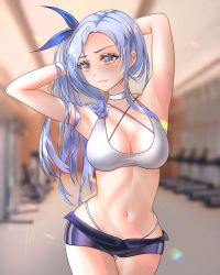 Rule 34 | 1girl, absurdres, armpits, arms behind head, black shorts, blue eyes, blue hair, blurry, blurry background, borrowed character, breasts, choker, cleavage, closed mouth, collarbone, contrapposto, cowboy shot, forehead, gym, hair tie, highres, indoors, light rays, lips, looking at viewer, medium breasts, midriff, bae minah (chaesu), multicolored eyes, navel, open fly, orange eyes, original, panty straps, parted hair, short shorts, shorts, side ponytail, sidelocks, solo, sports bra, thigh gap, wide hips, wonnikon