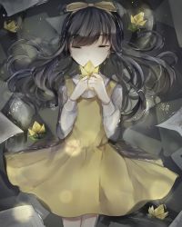 Rule 34 | 1girl, absurdres, bow, closed eyes, crying, devotion, dress, du meishin, facing viewer, flower, hair bow, highres, long hair, long sleeves, partially submerged, ruoruomi, shirt, sleeveless, sleeveless dress, solo, water, white shirt, yellow bow, yellow dress, yellow flower