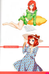 Rule 34 | 10s, 1girl, absurdres, barefoot, blush, bow, character name, detached sleeves, dress, feet, floral print, hat, hat bow, highres, holding, jacket, love live!, love live! school idol festival, love live! school idol project, lying, midriff, multiple views, navel, nishikino maki, non-web source, official art, on side, pillow, print dress, purple eyes, red hair, ribbon, scan, sheet music, short hair, shorts, simple background, sun hat, toes, white background