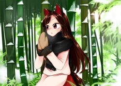 Rule 34 | 1girl, animal ears, bamboo, bamboo forest, blouse, breath, brown hair, cold, forest, imaizumi kagerou, kaisenpurin, long hair, long sleeves, mittens, nature, outdoors, red eyes, red skirt, scarf, shirt, skirt, snow, solo, tail, touhou, white shirt, winter, wolf ears, wolf tail