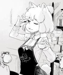 Rule 34 | 10s, 1girl, :3, absurdres, alpaca ears, alpaca suri (kemono friends), alpaca tail, alternate costume, animal ears, apron, blonde hair, breast pocket, coffee, coffee beans, collared shirt, commentary request, cup, greyscale, hair over one eye, hair tubes, hare (tetterutei), highres, kemono friends, long sleeves, monochrome, one-piece tan, open mouth, pocket, shirt, short hair, solo, steam, tail, tan, tanline, teacup
