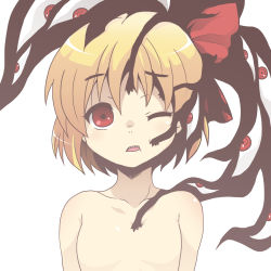 Rule 34 | 1girl, blonde hair, breasts, cheek poking, collarbone, darkness, fullmetal alchemist, hair ornament, hair ribbon, looking at viewer, no nipples, nude, one eye closed, open mouth, poking, pride (fma), red eyes, ribbon, rumia, sharp teeth, short hair, simple background, small breasts, solo, teeth, toto (hitori othello), touhou, upper body, white background