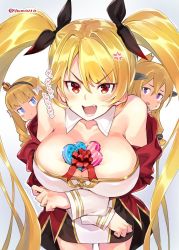 Rule 34 | azur lane, bare shoulders, between breasts, blonde hair, box, breasts, dress, gift, gift box, heart-shaped box, large breasts, long hair, nelson (azur lane), queen elizabeth (azur lane), red eyes, ribbon, sleeveless, sleeveless dress, strapless, strapless dress, super zombie, translation request, twintails, v-shaped eyebrows, valentine, very long hair, warspite (azur lane)
