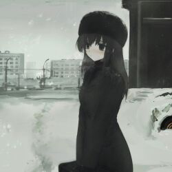 Rule 34 | 1girl, black coat, black eyes, black headwear, black sweater, building, car, city, closed mouth, cloud, cloudy sky, coat, fence, highres, holding, holding suitcase, long hair, motor vehicle, original, outdoors, sky, snow, snowing, solo, standing, suiso (owp), suitcase, sweater, turtleneck, turtleneck sweater