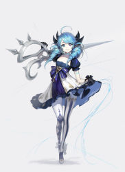 Rule 34 | 1girl, black gloves, blue dress, blue eyes, blue hair, clothes pull, crossed legs, dress, dress pull, drill hair, eyebrows hidden by hair, flat chest, gloves, grey background, gwen (league of legends), highres, holding, holding scissors, juliet sleeves, league of legends, long sleeves, medium hair, over shoulder, oversized object, puffy sleeves, scissors, single thighhigh, solo, soyoong jun, stitched neck, stitches, thighhighs, twin drills