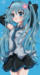 Rule 34 | 1girl, absurdres, arms behind head, arms up, black skirt, black sleeves, blue background, blue eyes, blue hair, blue necktie, blush stickers, collared shirt, commentary request, cowboy shot, detached sleeves, flower, grey shirt, hair between eyes, hair flower, hair ornament, hatsune miku, heart, highres, kayon (touzoku), long hair, long sleeves, looking at viewer, necktie, parted lips, shirt, simple background, skirt, sleeveless, sleeveless shirt, solo, standing, twintails, very long hair, vocaloid