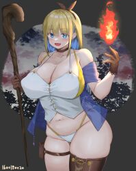 Rule 34 | 1girl, aymusk, black choker, blonde hair, blue hair, blue jacket, blush, bow, breasts, bridal garter, bustier, choker, cleavage, collarbone, colored inner hair, commentary request, covered erect nipples, curvy, fang, fire, freckles-chan (aymusk), groin, hair bow, hair ornament, highres, holding, holding staff, huge breasts, jacket, large breasts, long hair, mage staff, midriff, multicolored hair, navel, night, original, panties, see-through, see-through jacket, shirt, sidelocks, single thighhigh, skin fang, smile, solo, staff, standing, thigh strap, thighhighs, thighs, underwear, white panties, white shirt, wizard, x hair ornament