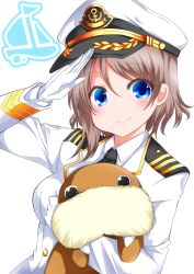 Rule 34 | 10s, 1girl, absurdres, anchor symbol, blue eyes, blush, brown hair, character doll, commentary request, gloves, grey hair, hat, highres, long sleeves, looking at viewer, love live!, love live! school idol festival, love live! sunshine!!, military, military uniform, naval uniform, peaked cap, salute, short hair, smile, solo, uchicchii, uniform, upper body, watanabe you, white background, white gloves, zero-theme