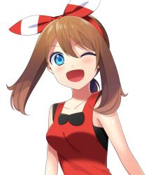 Rule 34 | 1girl, ;d, alternate color, bad id, bad pixiv id, blush, breasts, brown hair, collarbone, creatures (company), game freak, hair between eyes, hair ribbon, hairband, highres, long hair, may (pokemon), may (pokemon oras), medium breasts, nintendo, one eye closed, open mouth, pokemon, pokemon oras, red hairband, ribbon, shiny skin, simple background, sleeveless, smile, solo, upper body, white background, yuihico