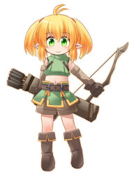 Rule 34 | 1girl, ahoge, arrow (projectile), belt, blonde hair, boots, bow (weapon), elf, full body, gloves, green eyes, kso, looking at viewer, midriff, navel, original, pointy ears, quiver, short hair, shorts, simple background, sleeveless, smile, solo, twintails, weapon, white background