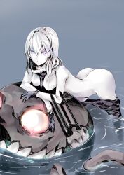 Rule 34 | 10s, 1girl, abyssal ship, ass, atoshi, black gloves, bodysuit, breasts, butt crack, gloves, glowing, glowing eyes, highres, kantai collection, long hair, looking at viewer, pale skin, partially submerged, personification, purple eyes, silver hair, single glove, solo, wading, water, wo-class aircraft carrier