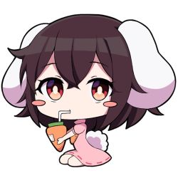 Rule 34 | 1girl, animal ears, black hair, blush stickers, bright pupils, carrot, carrot necklace, chibi, commentary request, dress, drinking straw, expressionless, hair between eyes, inaba tewi, looking at viewer, necklace, pink dress, puffy short sleeves, puffy sleeves, rabbit ears, rabbit girl, rabbit tail, red eyes, short hair, short sleeves, simple background, sitting, solo, tail, touhou, tsukimirin, wariza, white background, white pupils