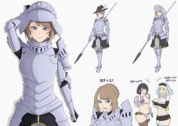 Rule 34 | 3girls, absurdres, armor, band-width, bikini armor, black hair, blonde hair, blue eyes, brown hair, full armor, habit, hat, hat feather, helmet, highres, holding, holding polearm, holding weapon, laughing, multiple girls, original, pointing, pointing at another, polearm, spear, visor (armor), visor lift, weapon