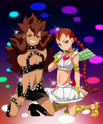 Rule 34 | 2boys, choker, cosplay, crossdressing, dark skin, desuta, don (748826), frown, green eyes, grin, heart, high heels, inazuma eleven, inazuma eleven (series), jewelry, kneeling, long hair, lots of jewelry, multiple boys, navel, panty &amp; stocking with garterbelt, panty (cosplay), parody, pixiv sample, ponytail, red hair, resized, scanty (cosplay), scanty (psg), shoes, skirt, smile, thane, trap, very long hair, wings, yellow eyes