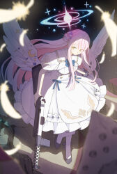 Rule 34 | 1girl, angel wings, black footwear, blue archive, blue ribbon, blurry, blurry foreground, capelet, commentary request, dress, falling feathers, feathers, flower, frilled dress, frills, full body, gun, hair bun, hair flower, hair ornament, halo, high heels, highres, holding, holding gun, holding weapon, lanchester smg, long hair, looking at viewer, medium dress, mika (blue archive), pantyhose, parted lips, pink hair, pumps, ribbon, scrunchie, sidelocks, single side bun, solo, submachine gun, usui harusame, very long hair, weapon, white capelet, white dress, white pantyhose, wings, wrist scrunchie, yellow eyes