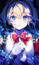 Rule 34 | 1girl, absurdres, aegis (persona), blonde hair, blue eyes, bow, bowtie, commentary request, glowing, glowing eyes, hands on own chest, highres, looking at viewer, mechanical arms, noyu (noyu23386566), parted lips, persona, persona 3, red bow, red bowtie, robot ears, robot girl, short hair, solo, upper body