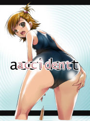 Rule 34 | 00s, 1girl, ass, futami mami, idolmaster, idolmaster (classic), idolmaster 1, marimo (t2 h t), one-piece swimsuit, ponytail, school swimsuit, side ponytail, solo, swimsuit