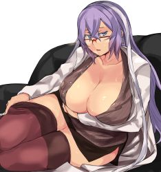 Rule 34 | 1girl, breasts, cafekun, cleavage, collarbone, couch, curvy, glasses, hair between eyes, heavy breathing, highres, isabelle (shadowverse), lab coat, large breasts, miniskirt, multicolored hair, open clothes, parted lips, purple hair, red-framed eyewear, shadowverse, simple background, sitting, skirt, solo, sweat, thighhighs, white background, white hair
