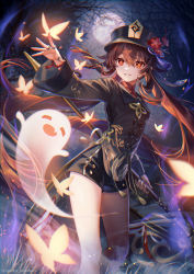 Rule 34 | 1girl, artist name, black hat, black nails, black shorts, blouse, brooch, brown hair, bug, butterfly, coattails, collared coat, collared shirt, cowboy shot, flower, flower-shaped pupils, genshin impact, ghost, grin, hair between eyes, hat, hat flower, hat ornament, highres, holding, holding staff, holding weapon, hu tao (genshin impact), insect, jewelry, long hair, long sleeves, looking at viewer, maica sunahara, moon, moonlight, nail polish, night, plum blossoms, porkpie hat, red eyes, red shirt, ring, shirt, shorts, smile, solo, staff, staff of homa (genshin impact), standing, symbol-shaped pupils, talisman, tassel, twintails, very long hair, vision (genshin impact), watermark, weapon