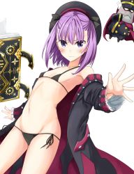 Rule 34 | &gt;:(, 1girl, armpits, bare shoulders, beret, bikini, black bikini, black coat, black hat, black ribbon, blush, book, breasts, buttons, cape, closed mouth, coat, collarbone, covered erect nipples, cowboy shot, creature, double-breasted, fate/grand order, fate (series), floating, floating book, floating object, flying sweatdrops, foreshortening, frilled sleeves, frills, frown, hair ribbon, hako roku, hat, helena blavatsky (fate), helena blavatsky (third ascension) (fate), highres, long coat, long sleeves, looking back, micro bikini, navel, off shoulder, open clothes, open coat, purple cape, purple eyes, purple hair, ribbon, short hair, side-tie bikini bottom, simple background, small breasts, standing, stomach, swimsuit, tsurime, v-shaped eyebrows, white hair