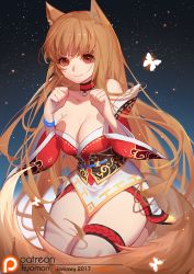 Rule 34 | 1girl, ahri (league of legends), ahri (league of legends) (cosplay), animal ears, breasts, brown hair, cleavage, commentary, cosplay, gold trim, holo, korean clothes, large breasts, league of legends, long hair, low neckline, red eyes, sky, smile, songjikyo, spice and wolf, star (sky), starry sky, wolf ears