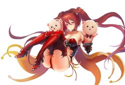 Rule 34 | 10s, 1girl, animal ears, animal hands, bare shoulders, boots, breasts, cerberus (shingeki no bahamut), choker, cleavage, dog ears, full body, gauntlets, gloves, hair between eyes, high heel boots, high heels, long hair, panties, paw gloves, red eyes, red footwear, red hair, red panties, red thighhighs, shingeki no bahamut, side-tie panties, simple background, smile, solo, thigh boots, thighhighs, twintails, underwear, uro (uro zi), very long hair, white background