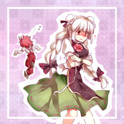 Rule 34 | 2girls, ?, alternate hairstyle, bandages, blush, bow, braid, bun cover, cosplay, costume switch, crossed arms, double bun, female focus, flower, fujiwara no mokou, fujiwara no mokou (cosplay), hair bow, ibara kasen (cosplay), ibaraki kasen, ibaraki kasen (cosplay), long hair, multiple girls, musical note, pants, pink hair, red eyes, short hair, skirt, sleeves past wrists, suspenders, touhou, twin braids, twintails, very long hair, white hair, yetworldview kaze