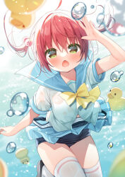 Rule 34 | 1girl, air bubble, arm up, black footwear, blue sailor collar, blue skirt, blush, bow, breasts, bubble, clothes lift, clothes pull, commentary request, green eyes, hair between eyes, hair bobbles, hair ornament, hanamiya natsuka, long hair, looking at viewer, medium breasts, old school swimsuit, one-piece swimsuit pull, open mouth, original, pleated skirt, red hair, rubber duck, sailor collar, school swimsuit, school uniform, see-through, serafuku, shirt, shoes, short sleeves, skirt, skirt lift, solo, swimsuit, swimsuit under clothes, thighhighs, twintails, underwater, wet, wet clothes, wet legwear, wet shirt, wet thighhighs, white shirt, white thighhighs, yellow bow