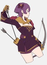 Rule 34 | 1girl, arrow (projectile), bernadetta von varley, bow, bow (weapon), cropped legs, do m kaeru, dress, earrings, fire emblem, fire emblem: three houses, grey background, hair bow, holding, holding arrow, jewelry, nintendo, purple hair, quiver, shorts under dress, two-tone gloves, weapon