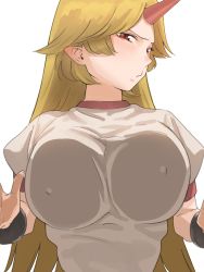Rule 34 | 1girl, against fourth wall, against glass, amino (tn7135), bad id, bad pixiv id, blonde hair, breast press, breasts, covered erect nipples, horns, hoshiguma yuugi, large breasts, long hair, looking at viewer, pointy ears, profile, puffy sleeves, red eyes, shirt, short sleeves, simple background, single horn, solo, touhou, upper body, white background