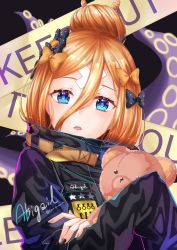 Rule 34 | 1girl, abigail williams (fate), abigail williams (traveling outfit) (fate), alternate hairstyle, artist request, bandaid, bandaid on face, bandaid on forehead, belt, black background, black bow, black jacket, black nails, blonde hair, blue eyes, blush, bow, caution tape, fate/grand order, fate (series), forehead, hair between eyes, hair bow, hair bun, high collar, highres, holding, holding stuffed toy, jacket, keep out, long hair, looking at viewer, nail polish, official alternate costume, orange bow, orange nails, parted bangs, parted lips, polka dot, polka dot bow, single hair bun, sleeves past fingers, sleeves past wrists, solo, stuffed animal, stuffed toy, teddy bear, tentacles