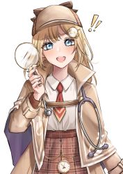Rule 34 | !, !!, 1girl, :d, blonde hair, blue eyes, blush, brown capelet, brown jacket, capelet, collared shirt, cosplay, cowboy shot, detective, expulse, facial hair, hair ornament, hat, holding, holding magnifying glass, hololive, hololive english, jacket, long hair, long sleeves, looking at viewer, magnifying glass, mustache, mustache print, necktie, open mouth, plaid, plaid headwear, plaid skirt, pocket watch, red necktie, sherlock holmes, sherlock holmes (cosplay), shirt, simple background, skirt, smile, solo, stethoscope, virtual youtuber, watch, watson amelia, white background