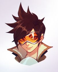 Rule 34 | 1girl, brown hair, goggles, liyart, overwatch, overwatch 1, portrait, short hair, smile, solo, spiked hair, tracer (overwatch)