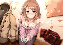 Rule 34 | 10s, 1girl, bare shoulders, bed, bed sheet, black bra, blush, bra, bra peek, breasts, brown coat, brown eyes, brown hair, can, cleavage, closed mouth, coat, collarbone, downblouse, drink can, earrings, floral print, from above, holding, hood, hooded coat, houjou karen, idolmaster, idolmaster cinderella girls, jewelry, kiki (koikuchikinako), long hair, long sleeves, looking at viewer, looking up, matching hair/eyes, medium breasts, necklace, nose blush, on bed, open clothes, open coat, pantyhose, pillow, pink sweater, plaid, plaid scarf, red scarf, ribbed sweater, scarf, sitting, sleeves past wrists, smile, soda can, solo, sweater, thighband pantyhose, underwear, unworn coat, wooden floor