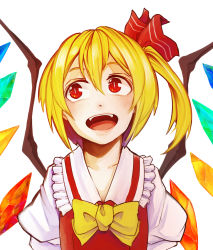 Rule 34 | 1girl, arms at sides, asymmetrical wings, bad id, bad pixiv id, blonde hair, collarbone, dress, fangs, flandre scarlet, hair between eyes, kobaji, looking to the side, no headwear, no headwear, open mouth, red dress, red eyes, ribbon, short hair, side ponytail, slit pupils, solo, touhou, upper body, wings