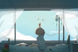 Rule 34 | 1boy, angel, apple, avogado6, bed, bed frame, bird, blue shirt, blue sky, brown hair, curtains, facing away, flying, food, food art, from side, fruit, halo, hand up, highres, holding, hospital bed, hospital gown, indoors, intravenous drip, long sleeves, male focus, origami, original, outdoors, pillow, shirt, sky, solo, symbolism, window