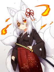 Rule 34 | 1girl, animal ear fluff, animal ears, black kimono, breasts, closed mouth, dutch angle, expressionless, eyepatch, fire, floral print, fox ears, fox girl, hair between eyes, hair ribbon, hakama, hakama skirt, hand on own hip, japanese clothes, katana, kimono, kitsune, kyuubi, long hair, long skirt, long sleeves, mofuaki, multiple tails, orange eyes, original, pleated skirt, red ribbon, red skirt, ribbon, sheath, sheathed, simple background, skirt, small breasts, solo, standing, sword, tail, thick eyebrows, weapon, white background, white hair, wide sleeves
