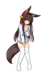 Rule 34 | 1girl, animal ears, bell, black hair, covering privates, covering breasts, covering crotch, embarrassed, fox ears, fox tail, hair bell, hair ornament, highres, long hair, meme attire, minaha (playjoe2005), naked sweater, open-chest sweater, orange eyes, original, solo, sweater, tail, tamani wakashi, thighhighs, wavy mouth